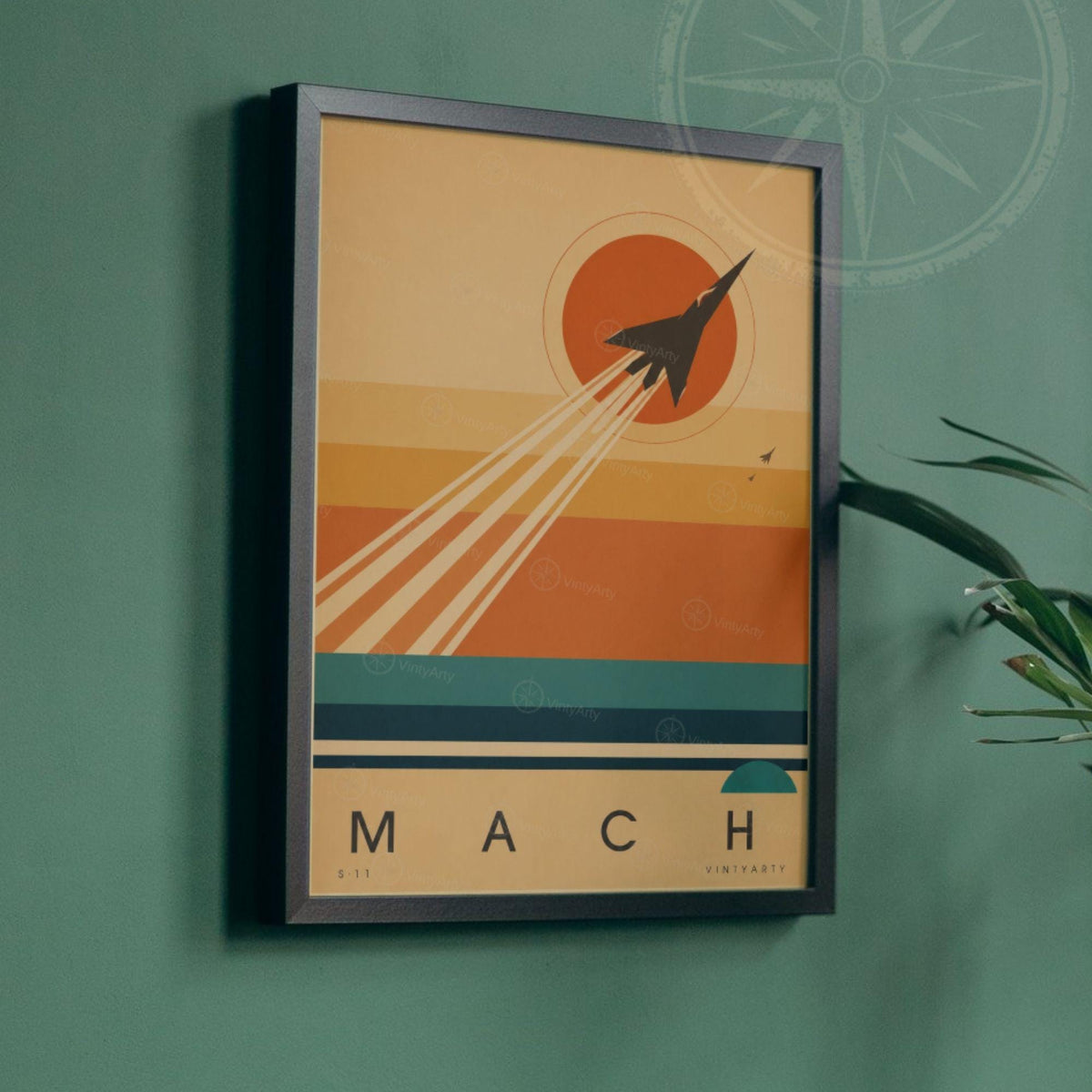 Affiche aviation, avion à réaction et traînées au soleil couchant, illustration mid-century, art mural