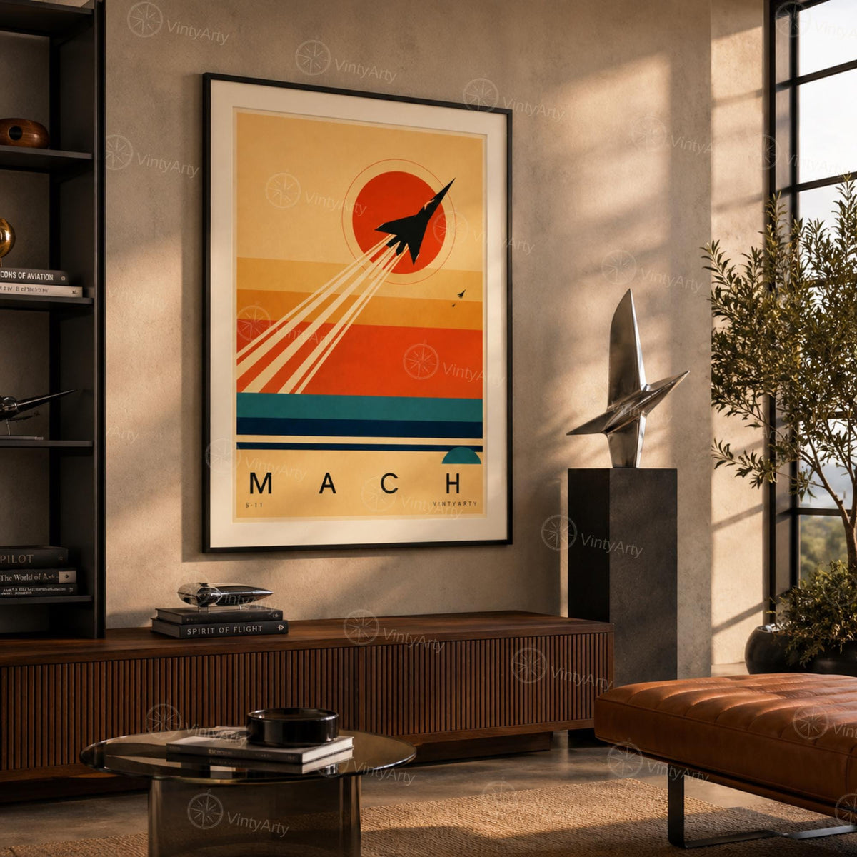 Affiche aviation, avion à réaction et traînées au soleil couchant, illustration mid-century, art mural