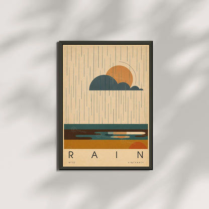 Affiche pluie, nuage et soleil au-dessus des flaques, illustration mid-century, décoration murale