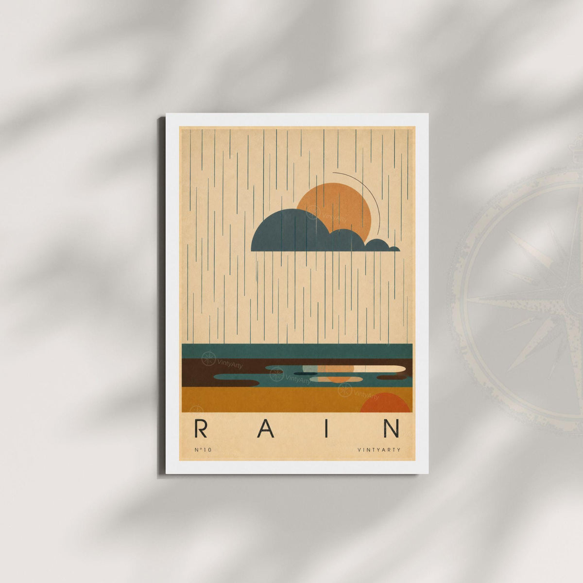 Affiche pluie, nuage et soleil au-dessus des flaques, illustration mid-century, décoration murale