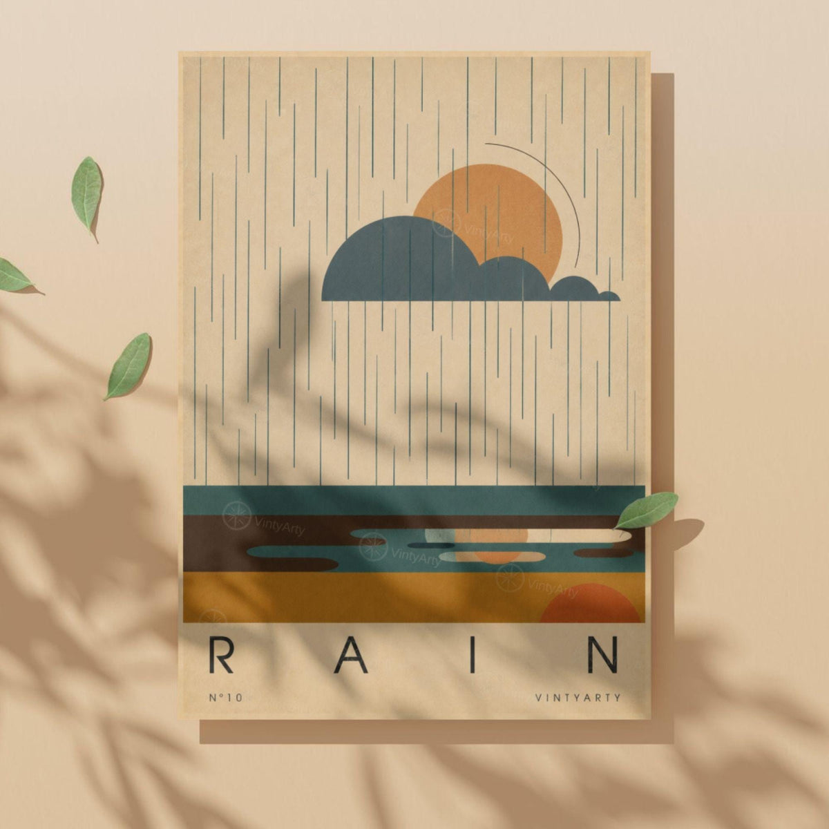 Affiche pluie, nuage et soleil au-dessus des flaques, illustration mid-century, décoration murale