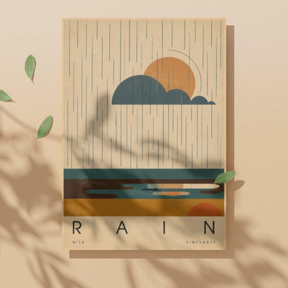 Affiche pluie, nuage et soleil au-dessus des flaques, illustration mid-century, décoration murale