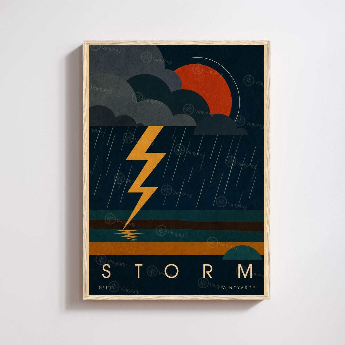 Affiche orage, éclair jaune sur ciel de nuit, illustration mid-century, décoration murale sombre