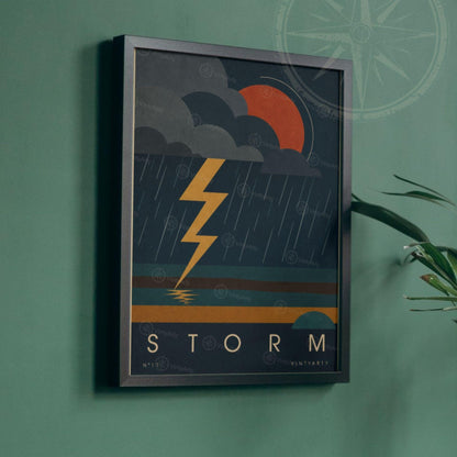Affiche orage, éclair jaune sur ciel de nuit, illustration mid-century, décoration murale sombre