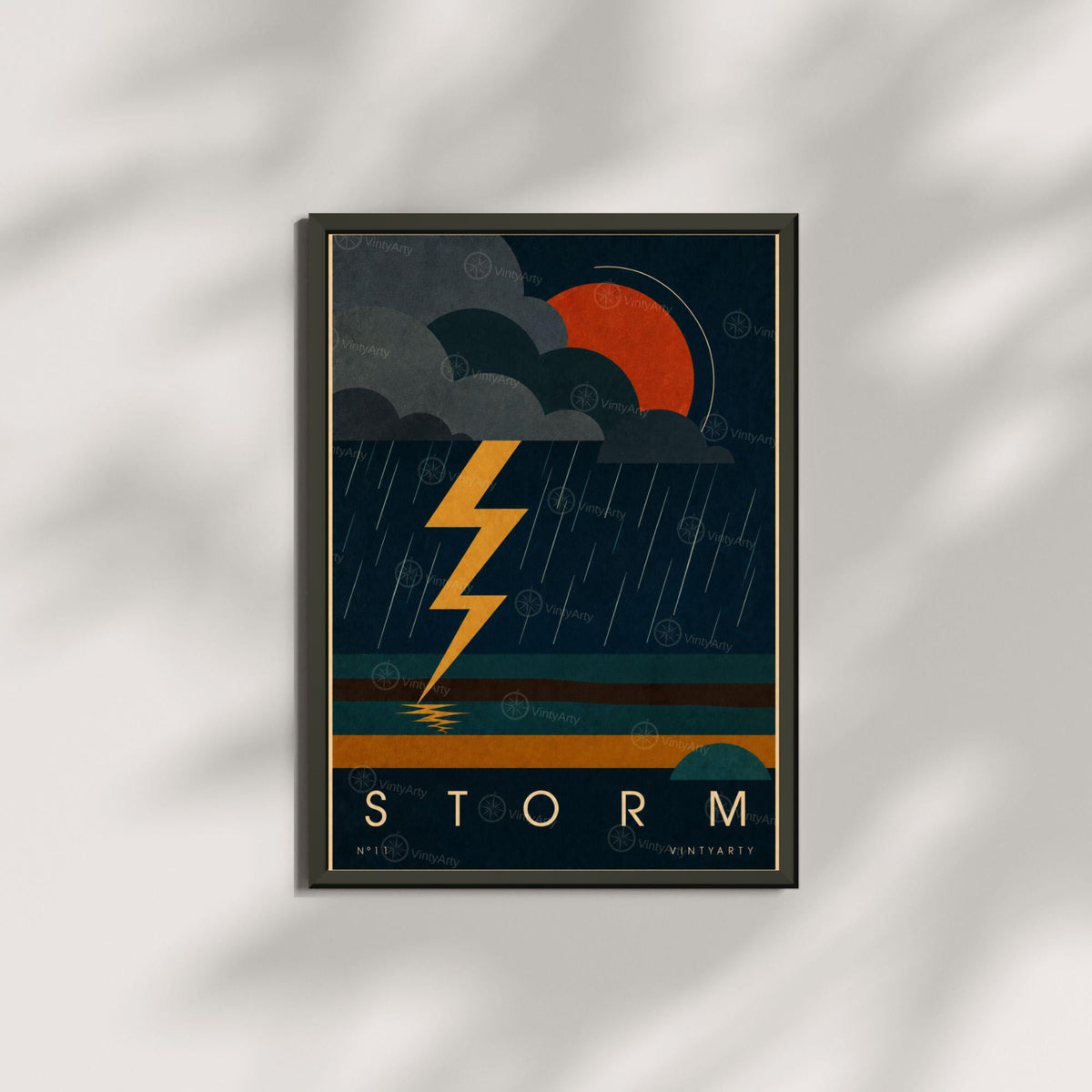 Affiche orage, éclair jaune sur ciel de nuit, illustration mid-century, décoration murale sombre