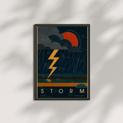 Affiche orage, éclair jaune sur ciel de nuit, illustration mid-century, décoration murale sombre
