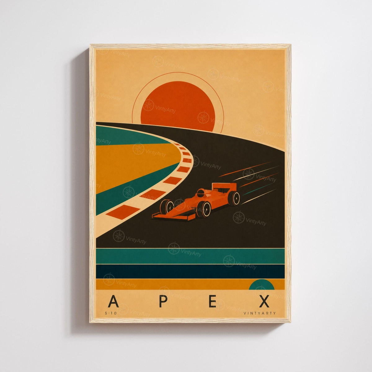 Affiche sport automobile, monoplace dans le virage au soleil couchant, illustration mid-century