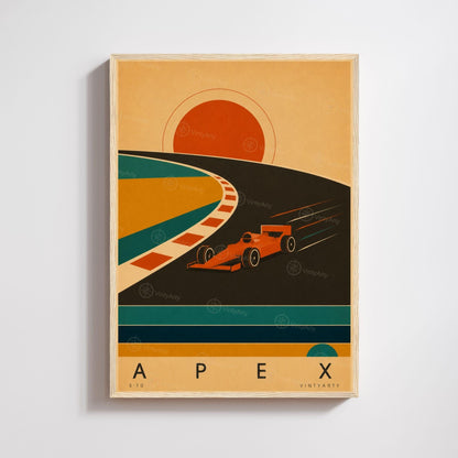 Affiche sport automobile, monoplace dans le virage au soleil couchant, illustration mid-century