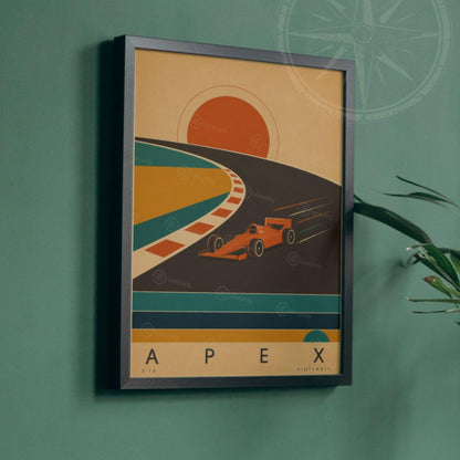 Affiche sport automobile, monoplace dans le virage au soleil couchant, illustration mid-century