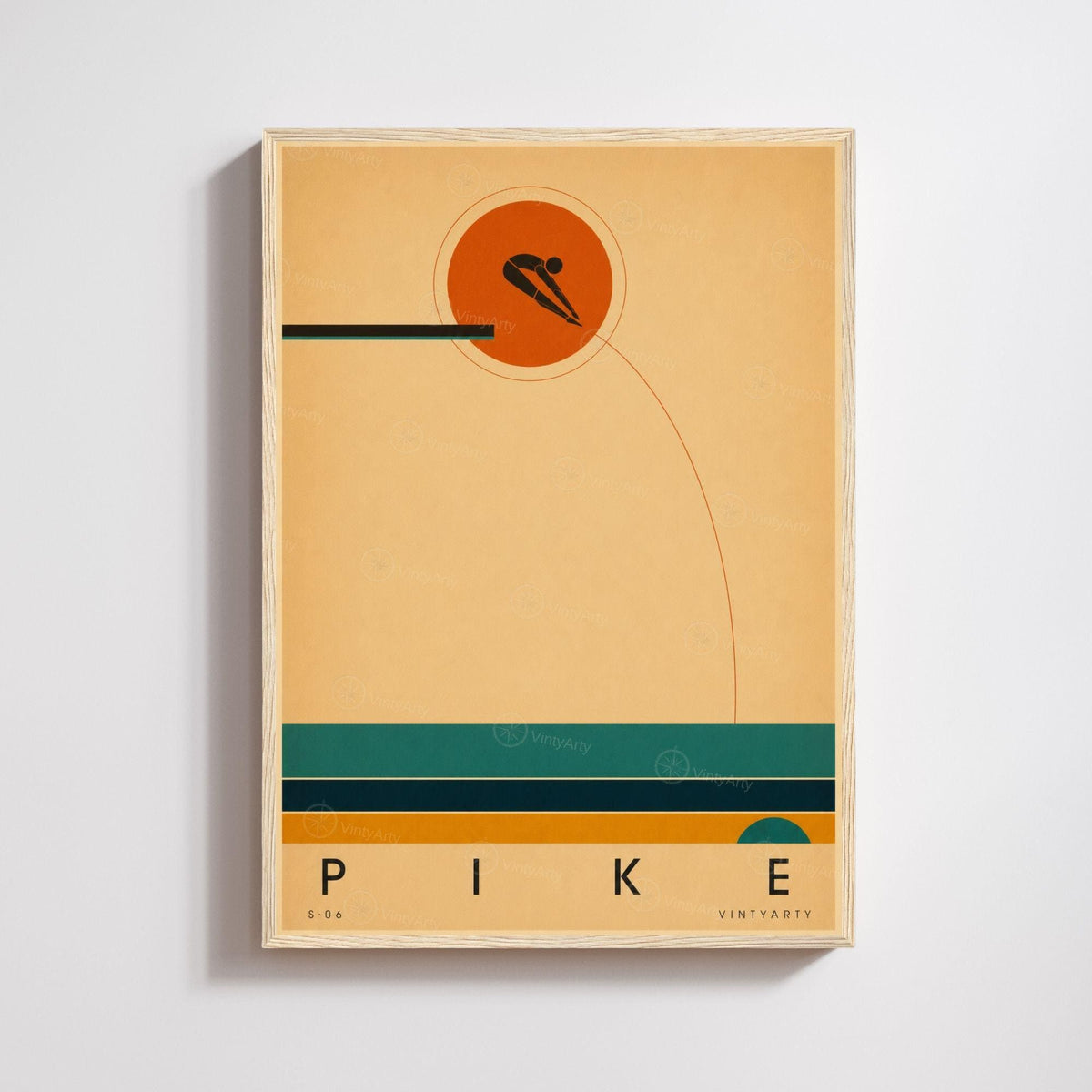 Affiche plongeon, plongeur en position carpée devant le soleil, illustration mid-century épurée