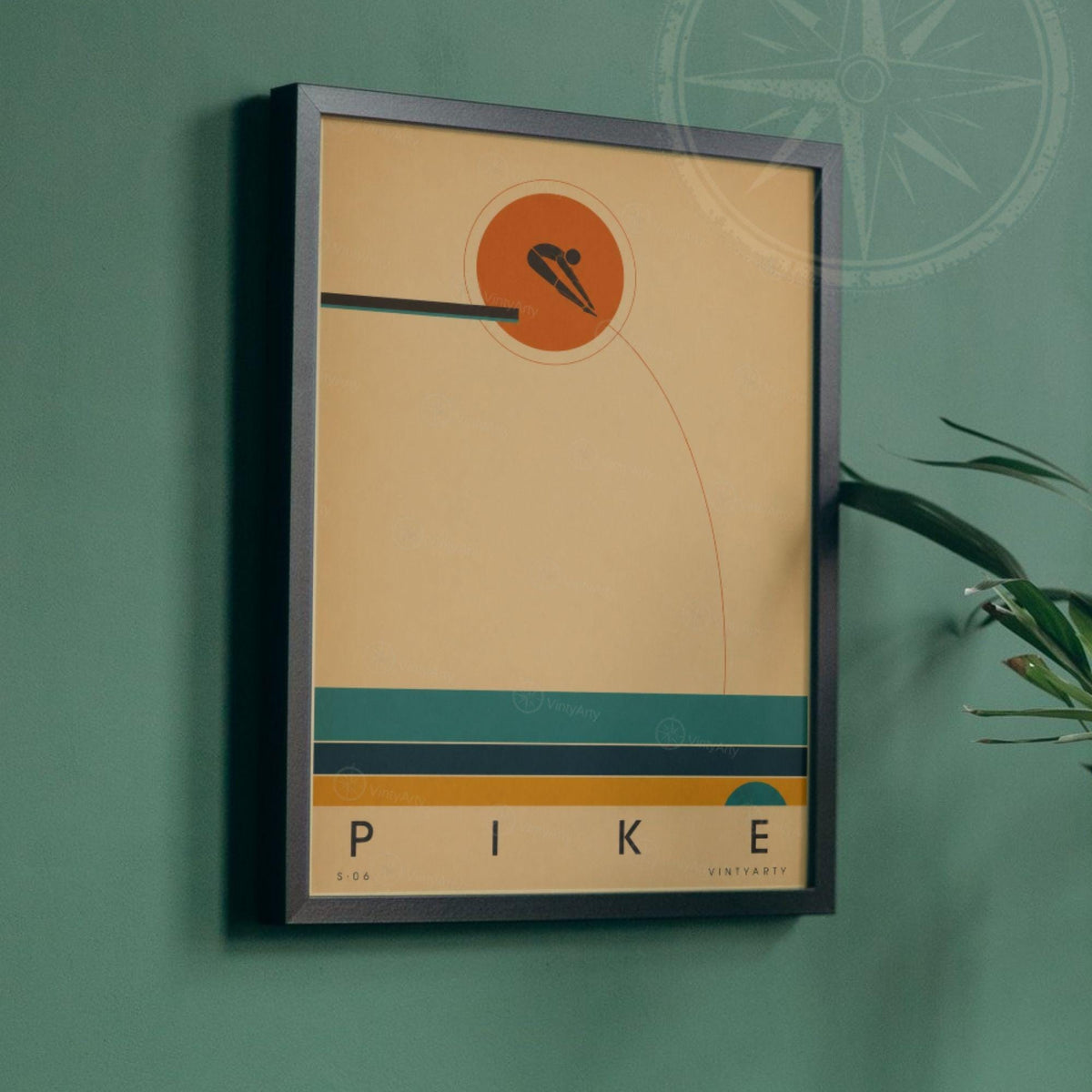 Affiche plongeon, plongeur en position carpée devant le soleil, illustration mid-century épurée