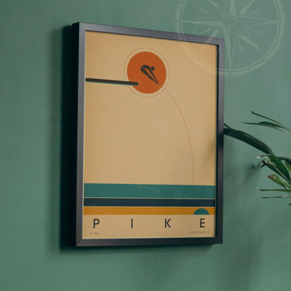 Affiche plongeon, plongeur en position carpée devant le soleil, illustration mid-century épurée