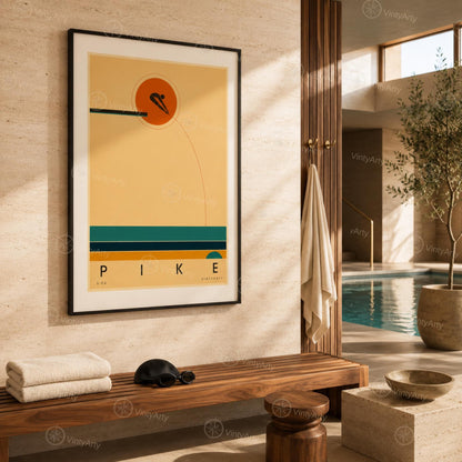 Affiche plongeon, plongeur en position carpée devant le soleil, illustration mid-century épurée