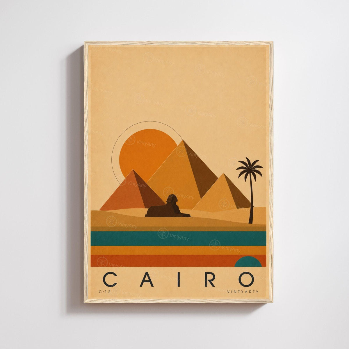 Affiche Le Caire, pyramides et sphinx au soleil couchant, illustration mid-century, art mural voyage