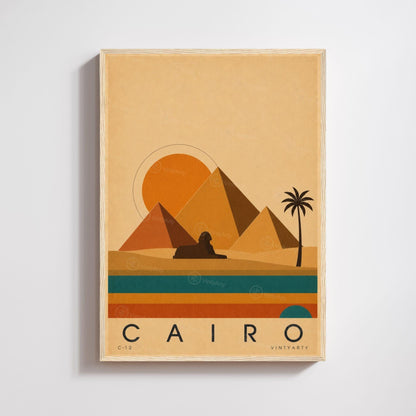 Affiche Le Caire, pyramides et sphinx au soleil couchant, illustration mid-century, art mural voyage
