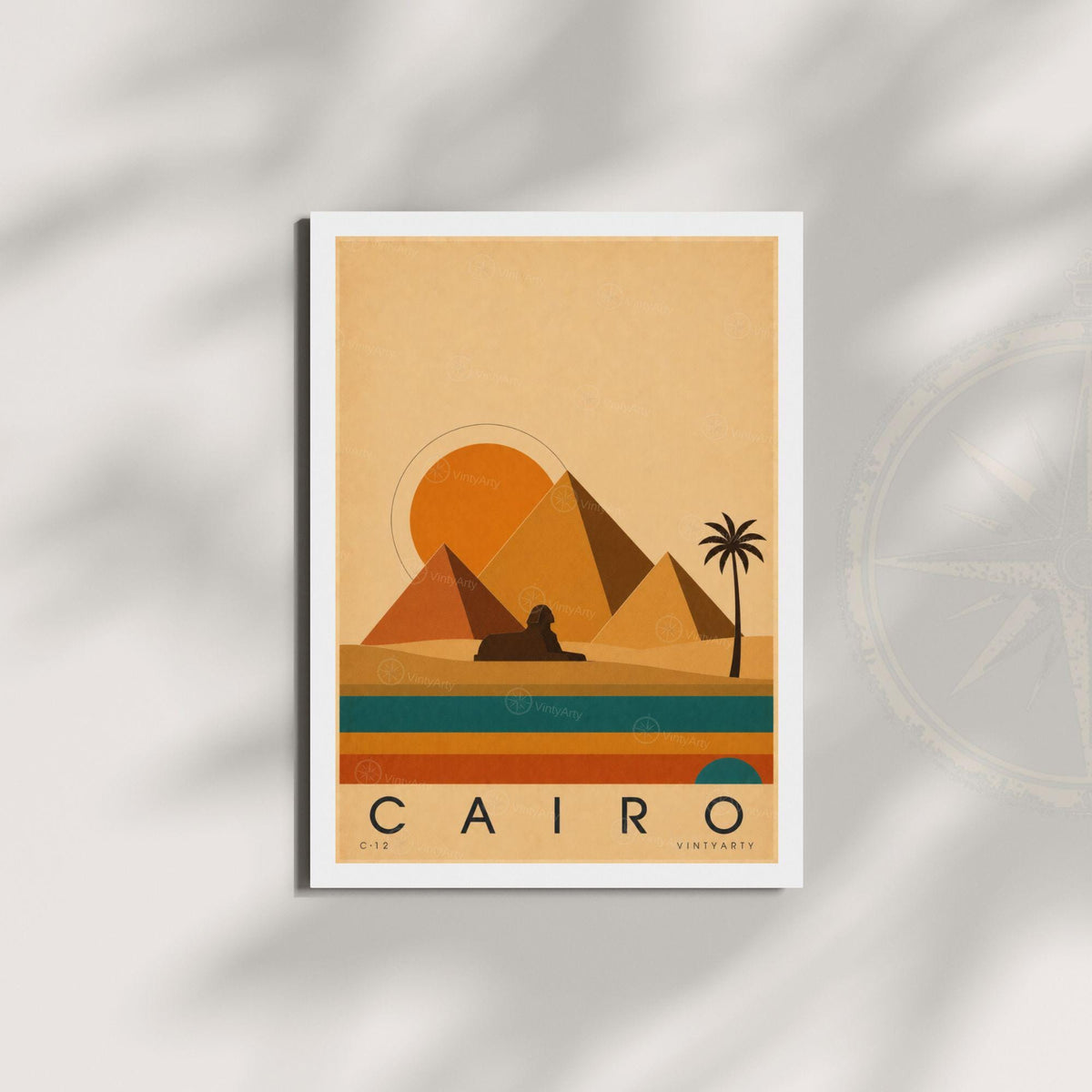 Affiche Le Caire, pyramides et sphinx au soleil couchant, illustration mid-century, art mural voyage