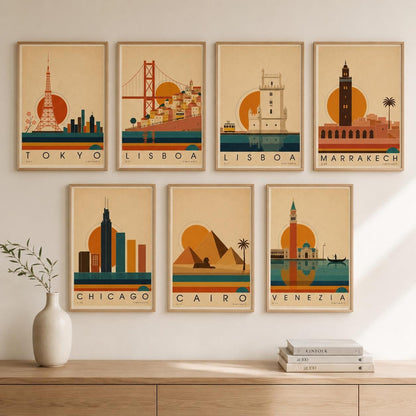 Affiche Le Caire, pyramides et sphinx au soleil couchant, illustration mid-century, art mural voyage