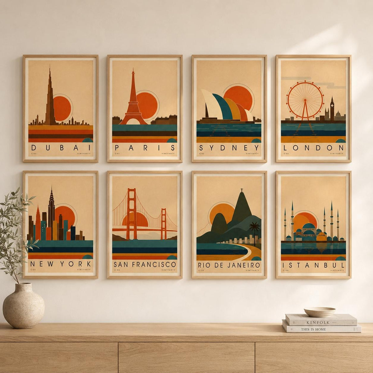 Affiche Paris, la tour Eiffel et les toits au soleil couchant, illustration mid-century, art mural