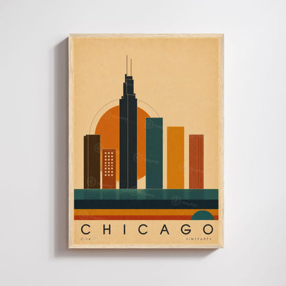 Affiche Chicago, skyline en aplats colorés au soleil couchant, illustration mid-century, art mural