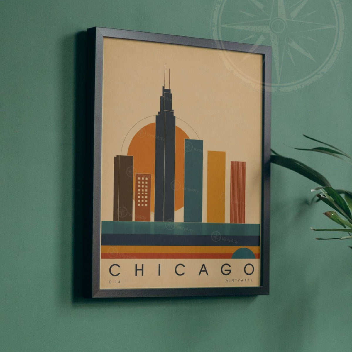 Affiche Chicago, skyline en aplats colorés au soleil couchant, illustration mid-century, art mural