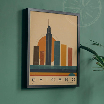 Affiche Chicago, skyline en aplats colorés au soleil couchant, illustration mid-century, art mural