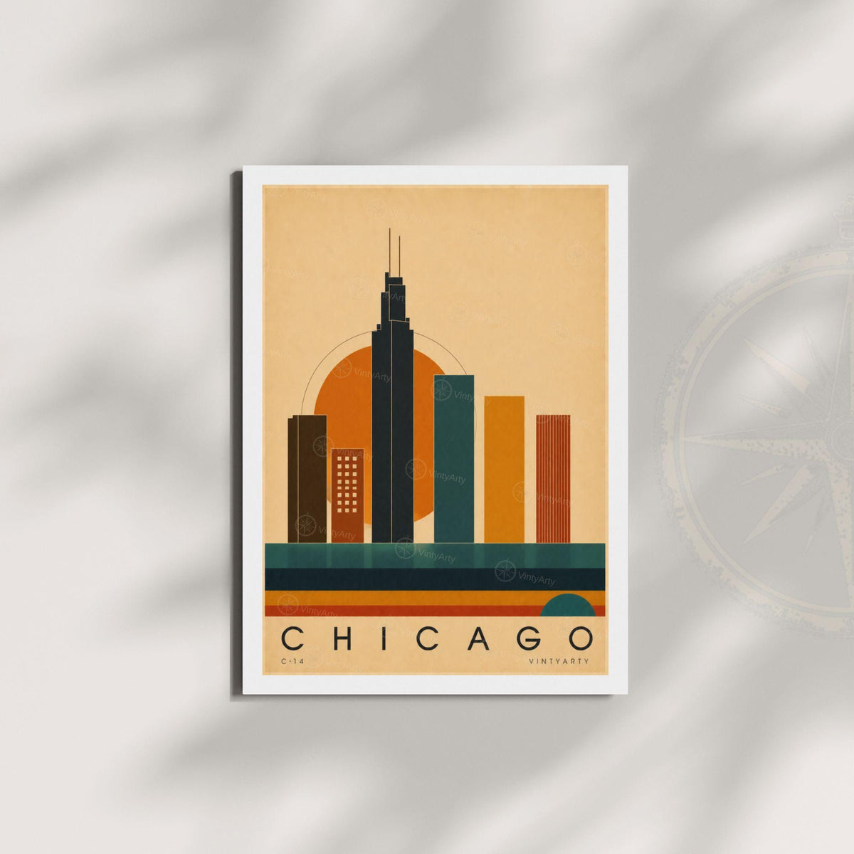 Affiche Chicago, skyline en aplats colorés au soleil couchant, illustration mid-century, art mural