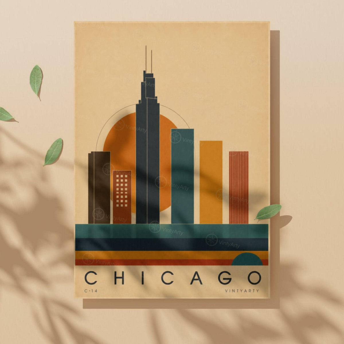 Affiche Chicago, skyline en aplats colorés au soleil couchant, illustration mid-century, art mural