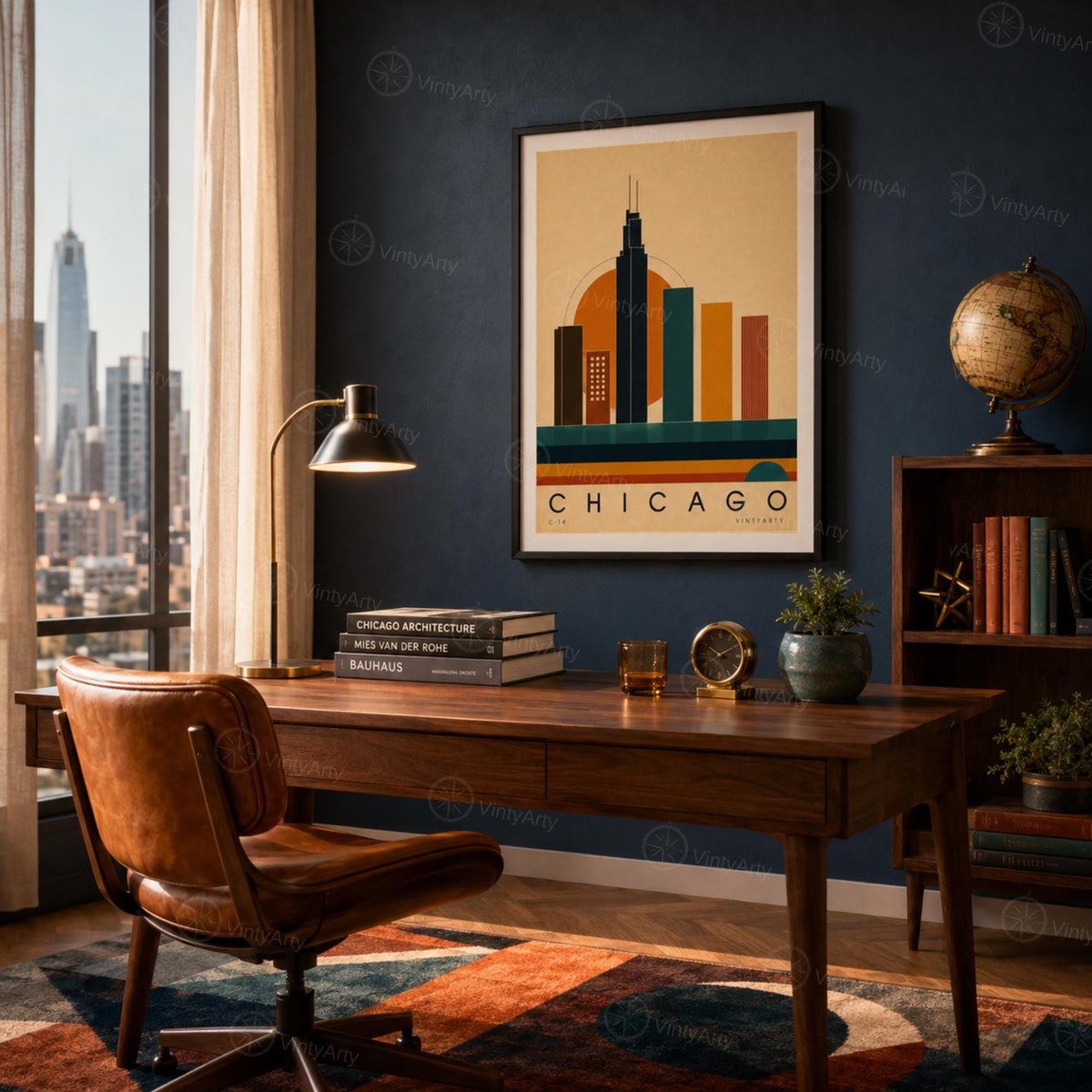 Affiche Chicago, skyline en aplats colorés au soleil couchant, illustration mid-century, art mural