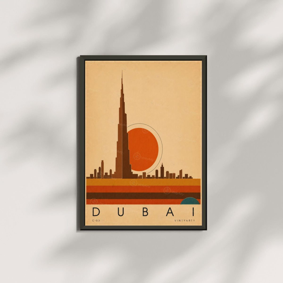 Affiche Dubaï, la skyline au soleil couchant, illustration mid-century, décoration murale voyage