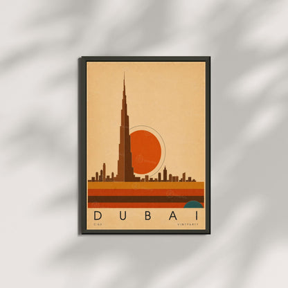 Affiche Dubaï, la skyline au soleil couchant, illustration mid-century, décoration murale voyage
