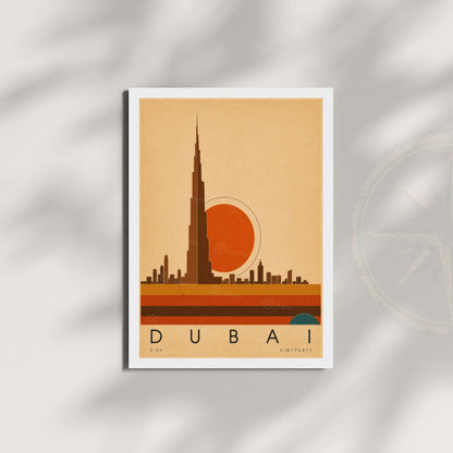 Affiche Dubaï, la skyline au soleil couchant, illustration mid-century, décoration murale voyage