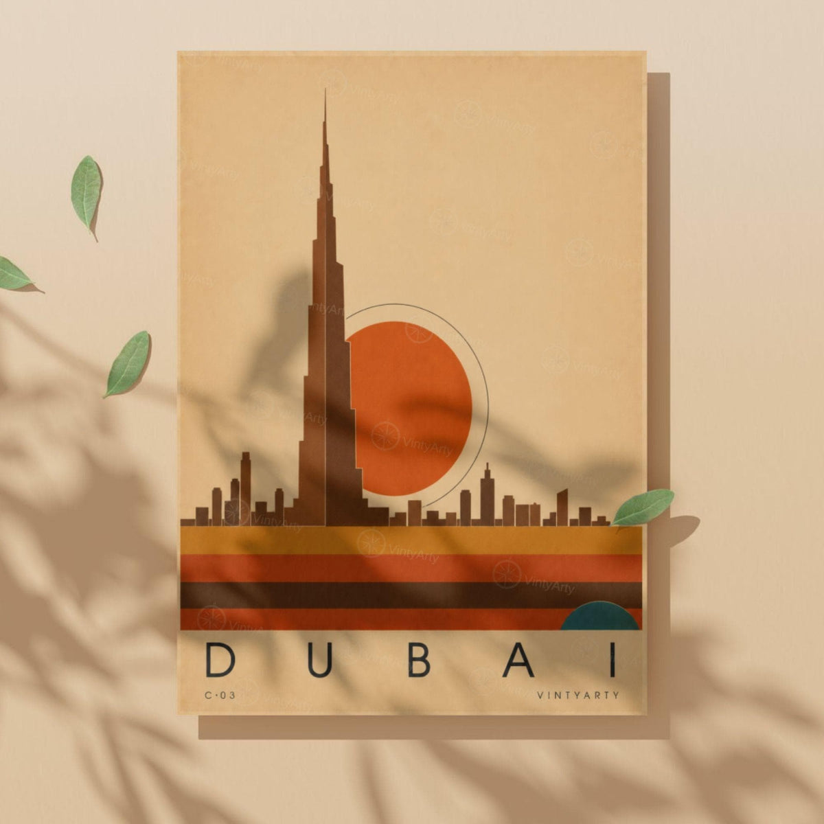 Affiche Dubaï, la skyline au soleil couchant, illustration mid-century, décoration murale voyage