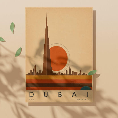 Affiche Dubaï, la skyline au soleil couchant, illustration mid-century, décoration murale voyage
