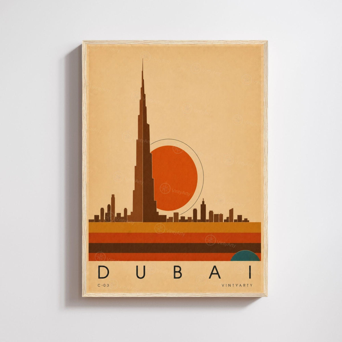 Affiche Dubaï, la skyline au soleil couchant, illustration mid-century, décoration murale voyage