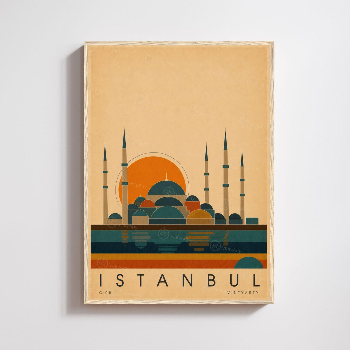 Affiche Istanbul, mosquée ottomane et reflets sur le Bosphore, illustration mid-century, art mural