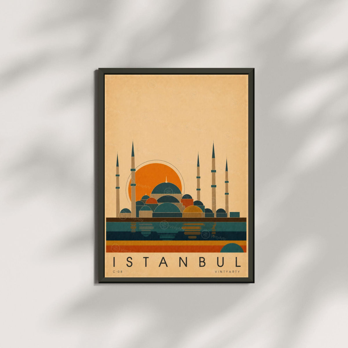 Affiche Istanbul, mosquée ottomane et reflets sur le Bosphore, illustration mid-century, art mural