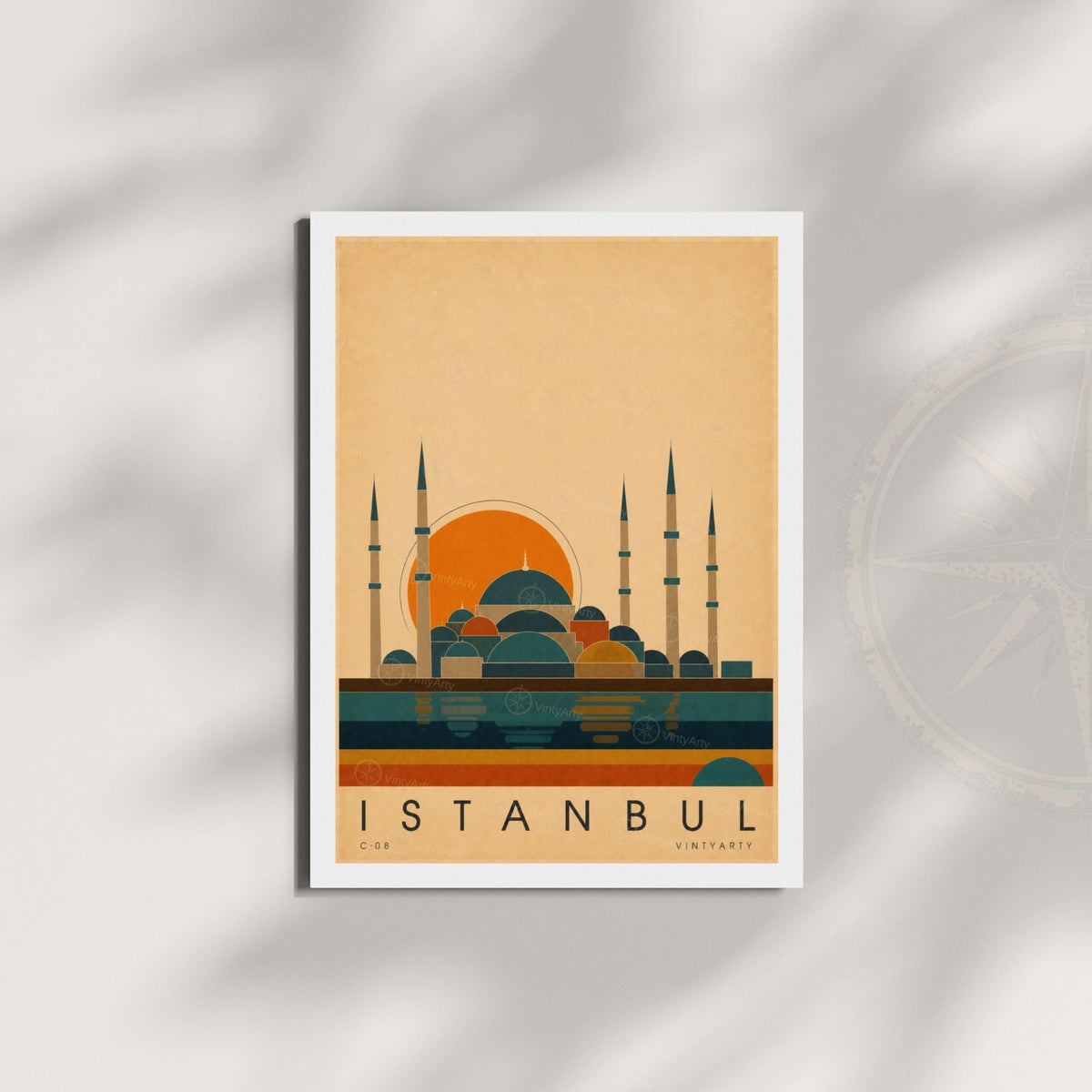 Affiche Istanbul, mosquée ottomane et reflets sur le Bosphore, illustration mid-century, art mural