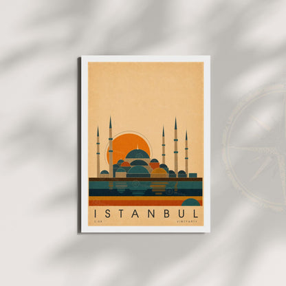 Affiche Istanbul, mosquée ottomane et reflets sur le Bosphore, illustration mid-century, art mural