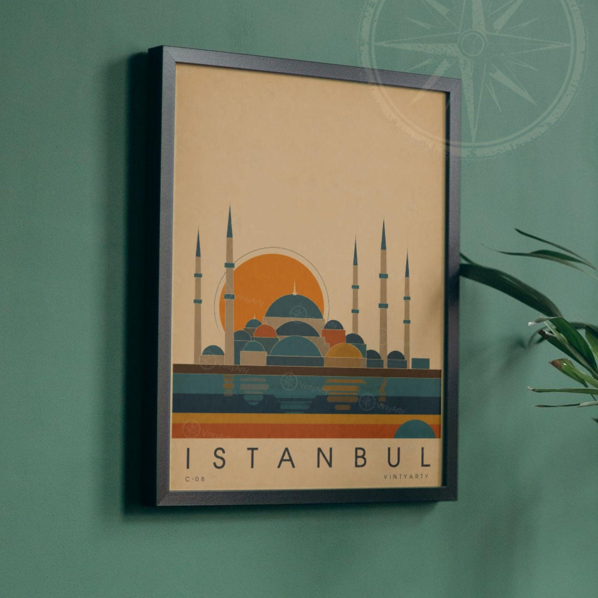 Affiche Istanbul, mosquée ottomane et reflets sur le Bosphore, illustration mid-century, art mural