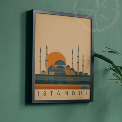 Affiche Istanbul, mosquée ottomane et reflets sur le Bosphore, illustration mid-century, art mural