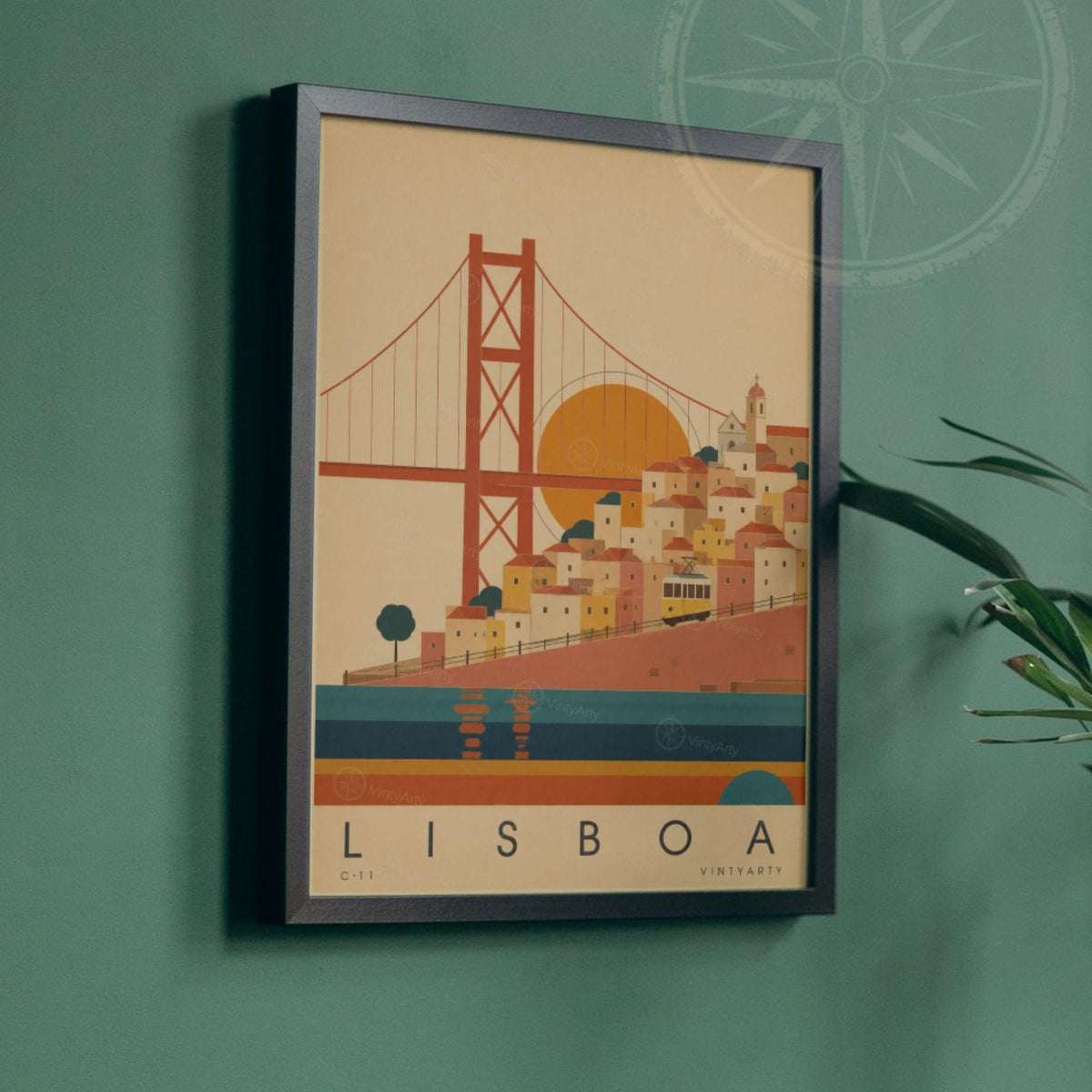 Affiche Lisbonne, le pont, les collines et le tramway jaune, illustration mid-century, art mural