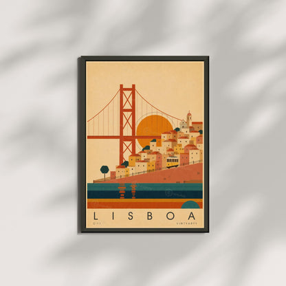 Affiche Lisbonne, le pont, les collines et le tramway jaune, illustration mid-century, art mural