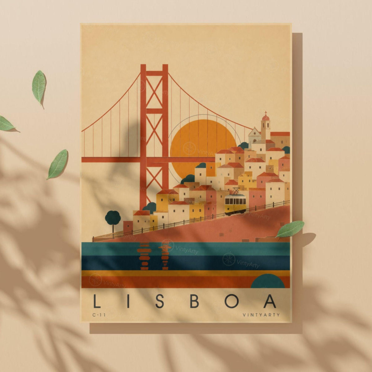 Affiche Lisbonne, le pont, les collines et le tramway jaune, illustration mid-century, art mural