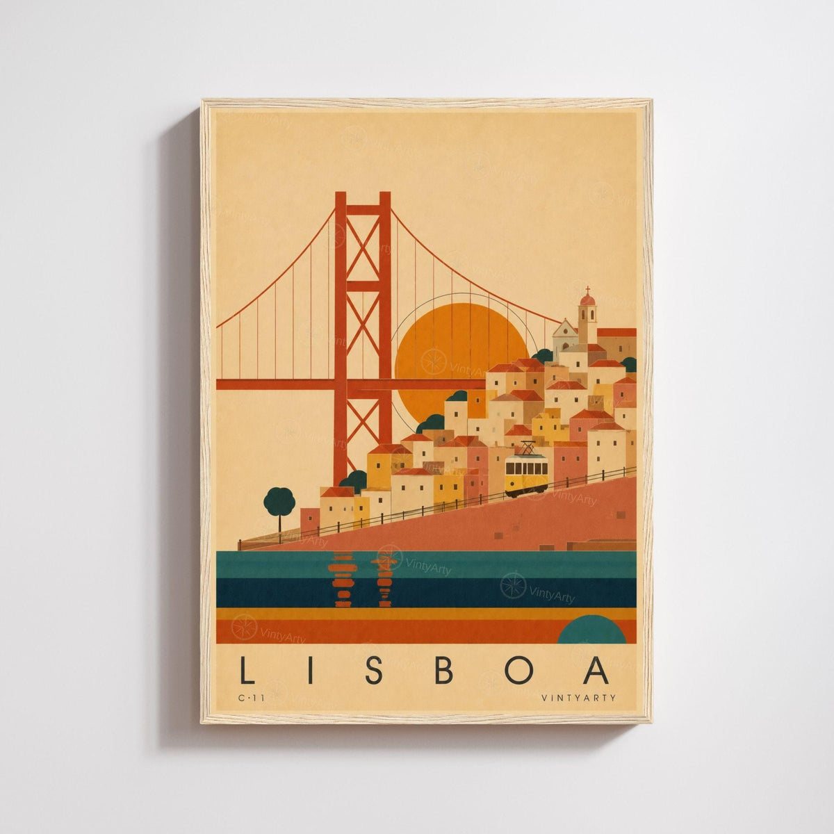 Affiche Lisbonne, le pont, les collines et le tramway jaune, illustration mid-century, art mural