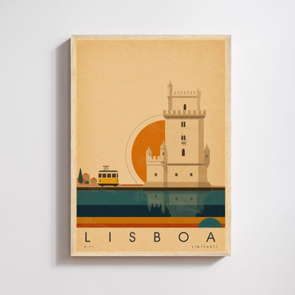 Affiche Lisbonne, la tour de Belém et le tramway jaune, illustration mid-century, art mural voyage