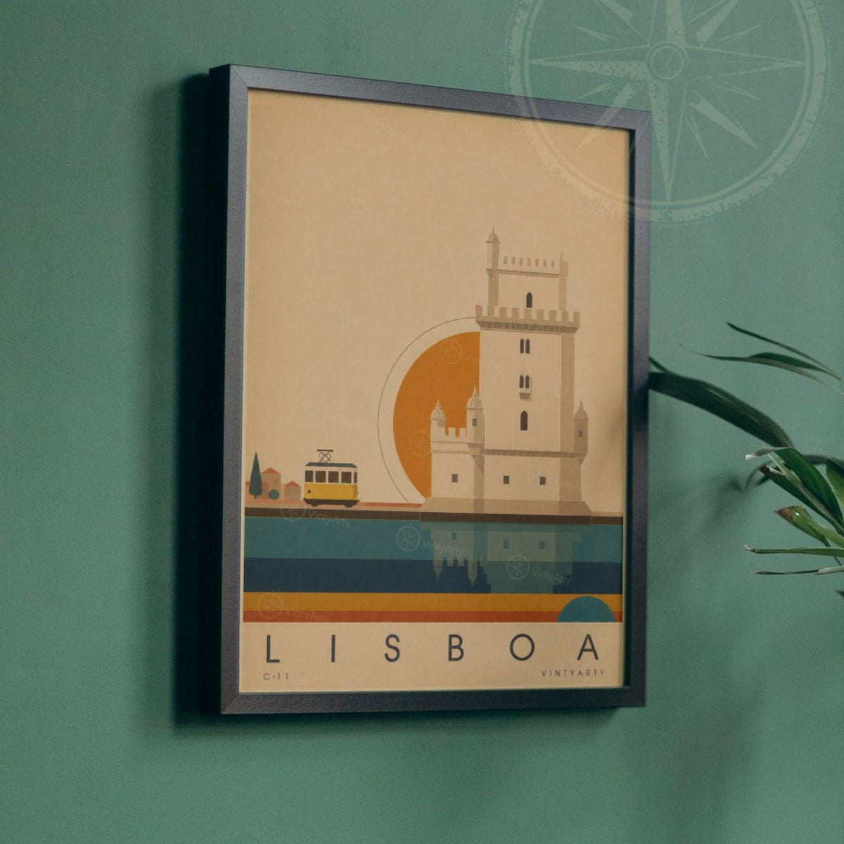 Affiche Lisbonne, la tour de Belém et le tramway jaune, illustration mid-century, art mural voyage