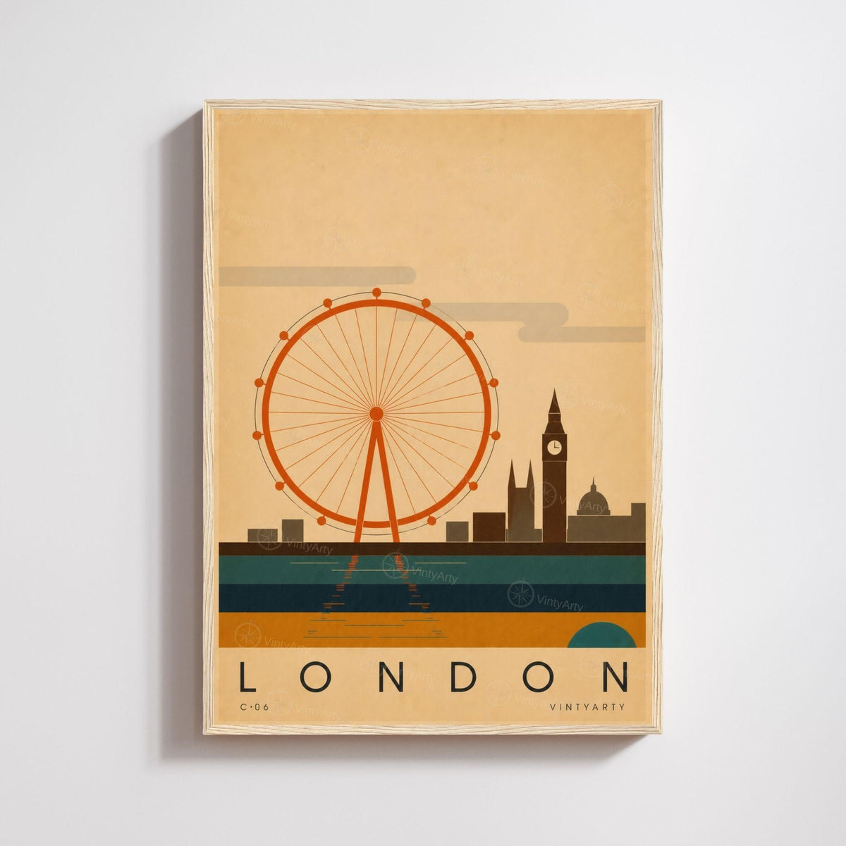 Affiche Londres, la grande roue, Big Ben et la Tamise, illustration mid-century, art mural voyage