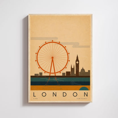 Affiche Londres, la grande roue, Big Ben et la Tamise, illustration mid-century, art mural voyage