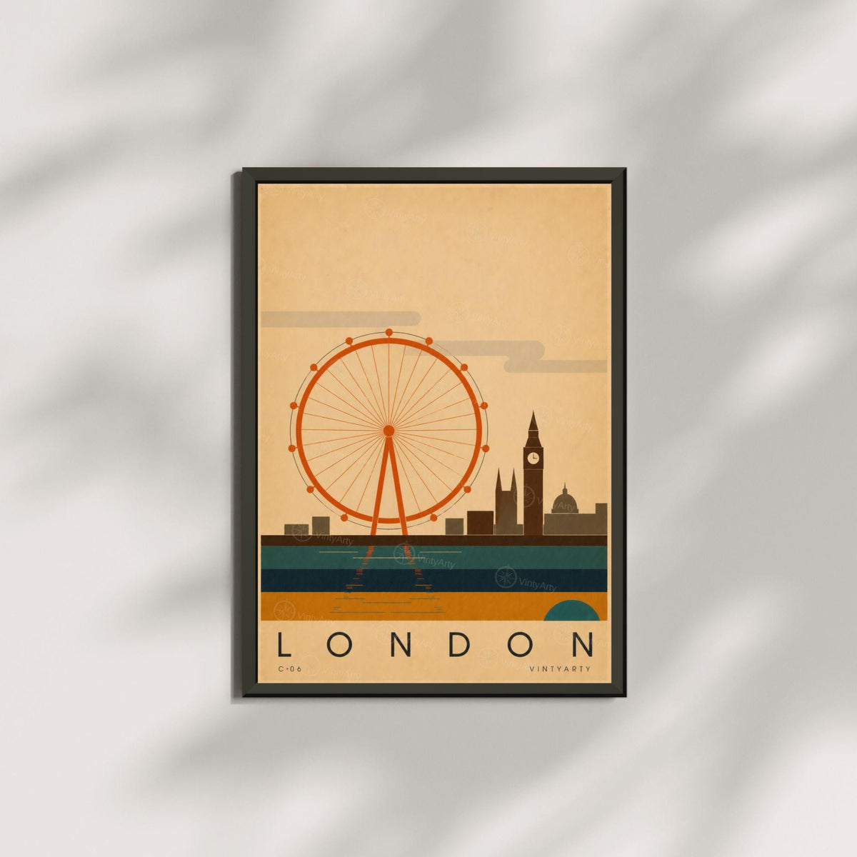 Affiche Londres, la grande roue, Big Ben et la Tamise, illustration mid-century, art mural voyage