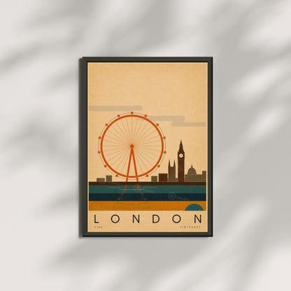 Affiche Londres, la grande roue, Big Ben et la Tamise, illustration mid-century, art mural voyage